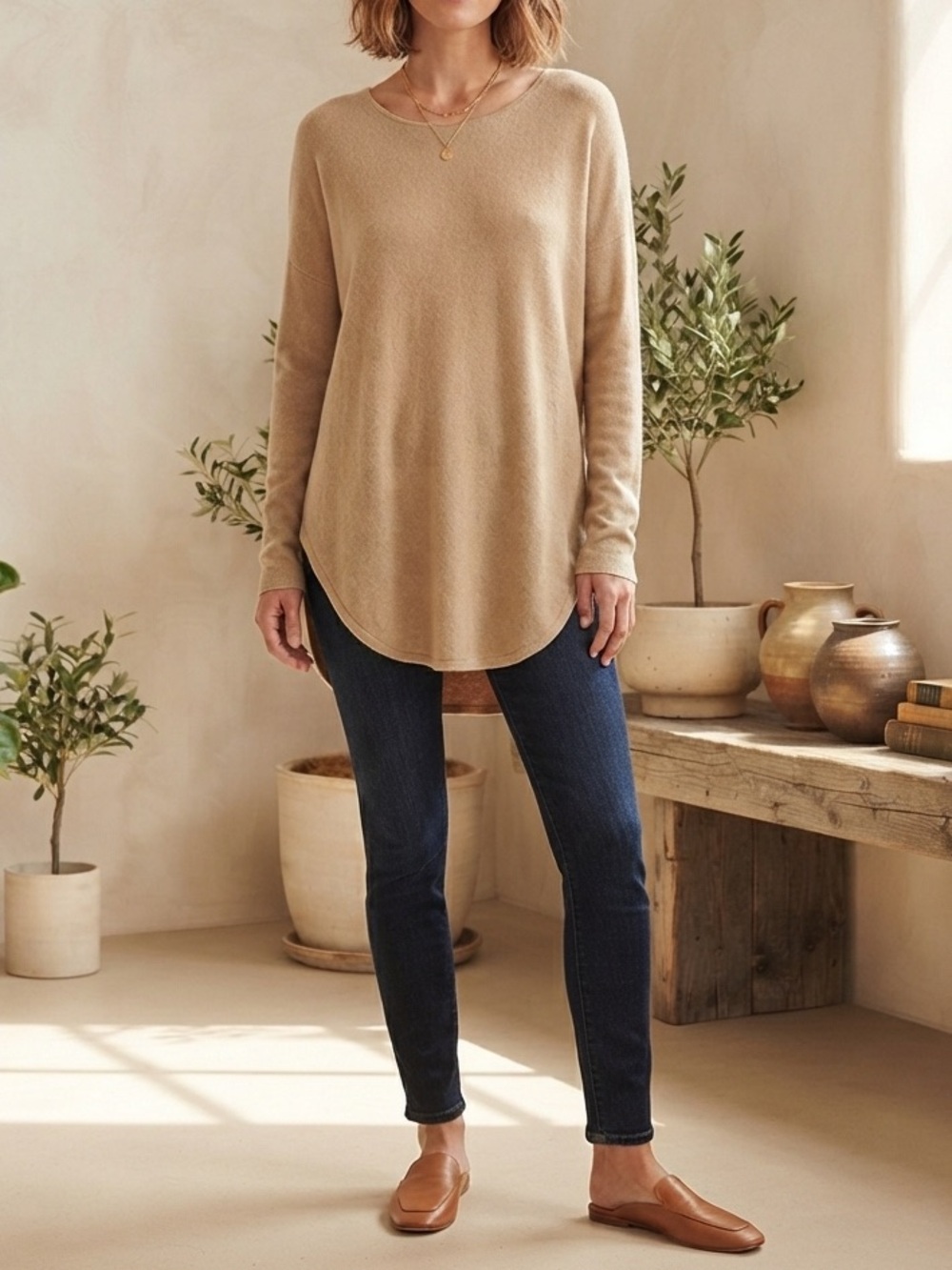 Women's Cream Tunic Sweater - Lightweight Long Sleeve